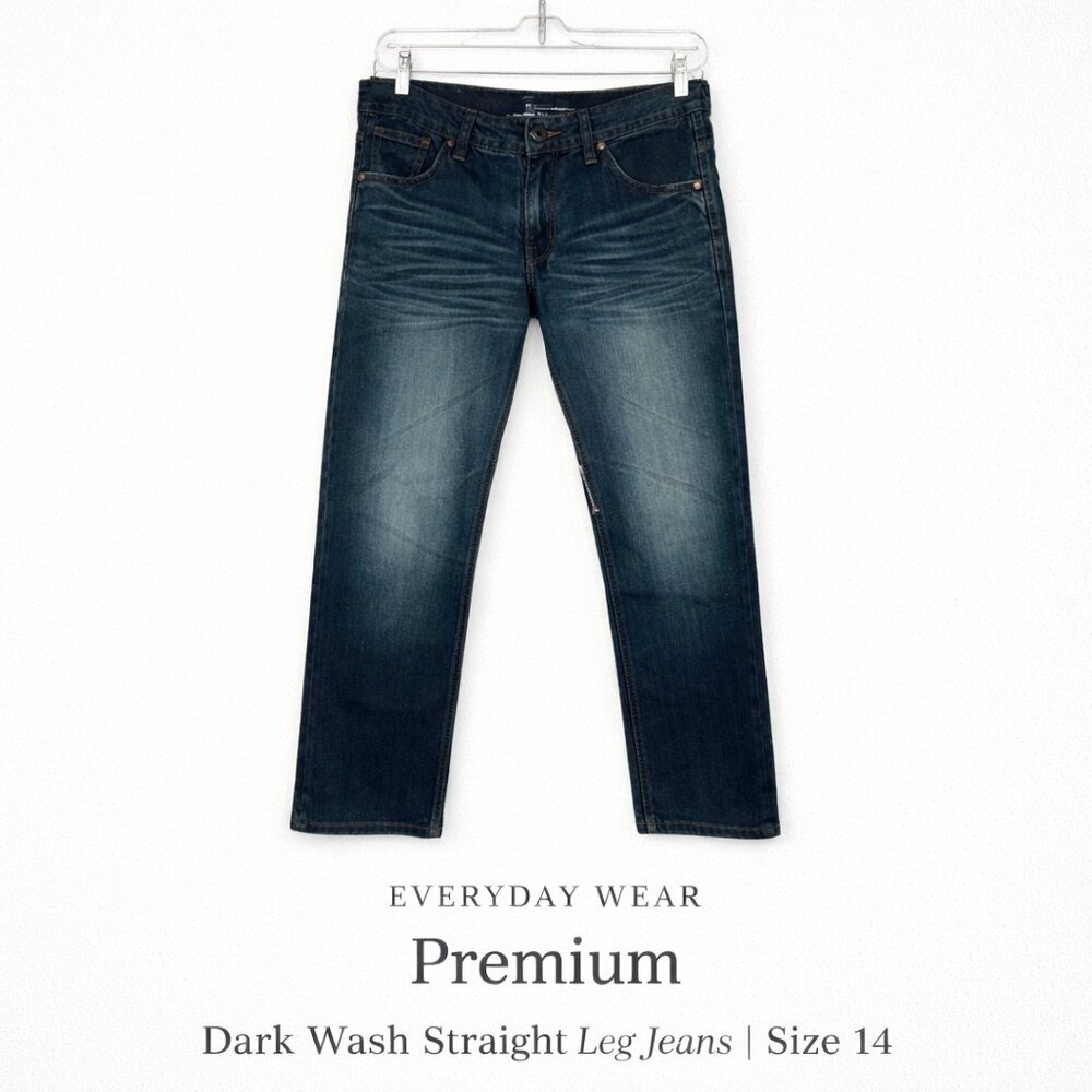 Premium Dark Wash Straight Leg Embellished Pocket Jeans Size 14